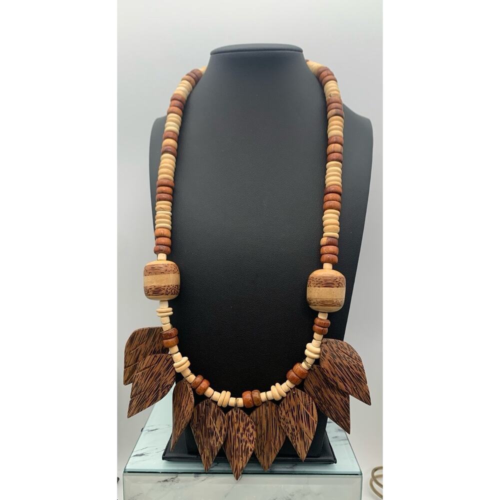 Vintage Boho Tribal 22” Wooden Beads Necklace Carved Leaves Coconut Shells